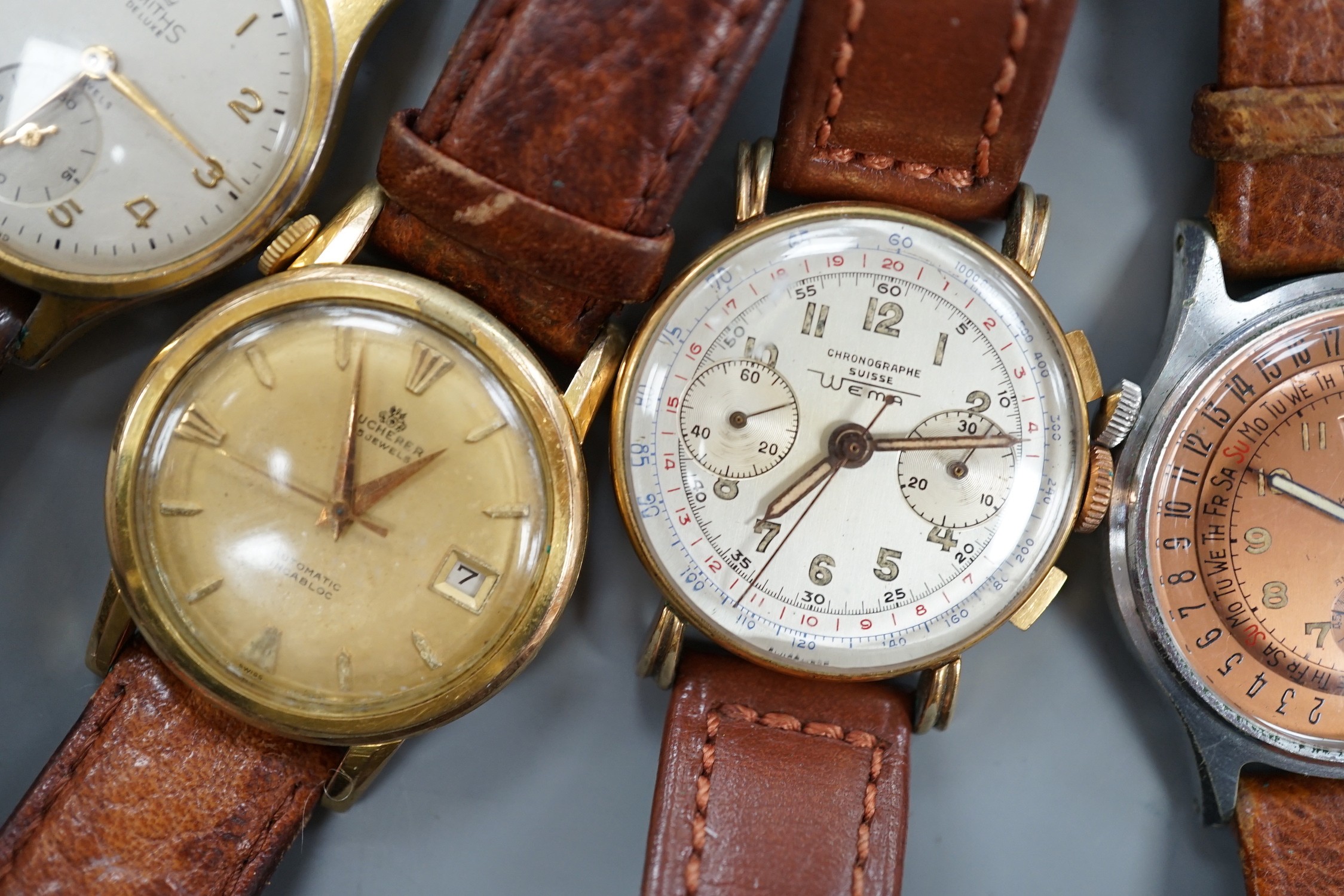 Five gentleman's assorted 1950's and later steel or steel and gold plated wrist watches including Smiths and Bucherer and a lady's 9ct gold wrist watch.